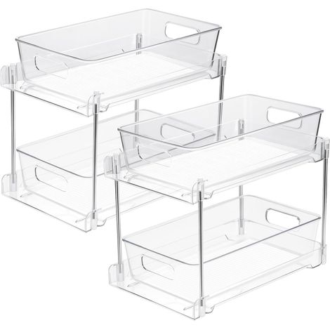 Ensemble de deux étagères de rangement pour évier, étagère de cuisine coulissante multifonctionnelle en acrylique transparent à double couche.