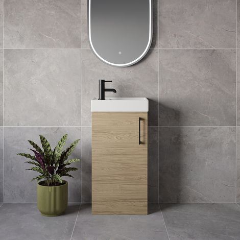 Napoli Cube Light Oak 400mm Single Door Vanity Unit with Align Basin - 400mm - Matt Black 160mm Handle