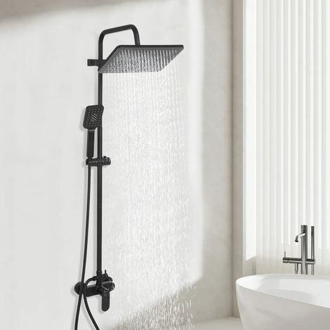 Système de douche avec robinetterie, noir, douche à effet pluie, hauteur réglable, ensemble de douche comprenant mitigeur, pomme de douche, douchette à main, barre de douche et flexible (1/5)