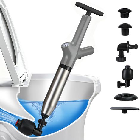 Déboucheur WC à Pompe, Debouchage de Toilettes à Air Comprimé avec Manomètre et 4 Embouts, Déboucheur Haute Pression Toilet Pump pour Toilette, Évier, Baignoire (Gris) (1/5)