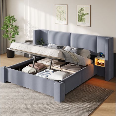 Lit rembourré 180x200 cm gris en lin avec LED et coffre hydraulique OKWISH (1/5)