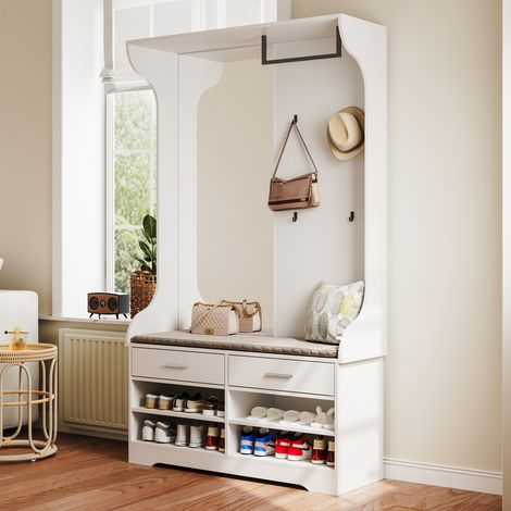 Appendiabiti ingresso, mobile ingresso con panca scarpe, specchio, 4 ganci, scarpiera, 104x35x180 cm, bianco