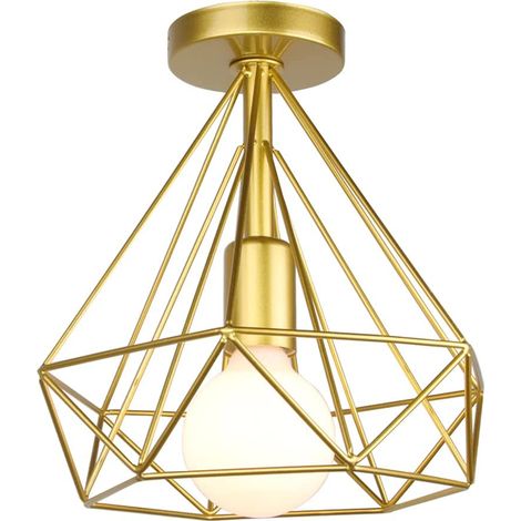 Vintage Deckenleuchte Industrielle Deckenlampe Ø25cm Diamant Käfig Lampenschirm Mini Deckenleuchte E27 für Schlafzimmer Küche, Gold