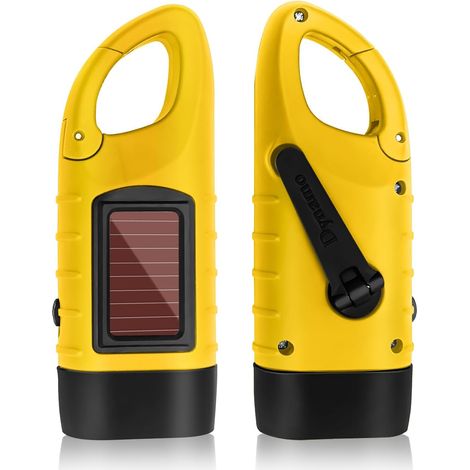 Torche dynamo avec manivelle jaune, mini lampe torche LED rechargeable, lampe solaire de survie avec mousqueton pour camping, escalade, randonnée, camping [Classe énergétique G] (1/5)