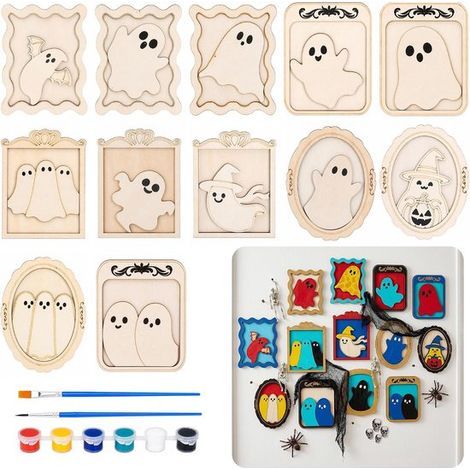 12 Halloween-Geisterbilderrahmen zum Selbermachen – 10 x 8 cm – Holzbilderrahmen – Halloween-Wanddekoration – Für Kinder und Erwachsene (1/5)