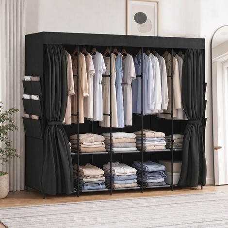 Armoire gain de place en tissu avec 5 tringles, 5 étagères, 6 poches latérales, portes anti-poussière zippées, noire (1/5)