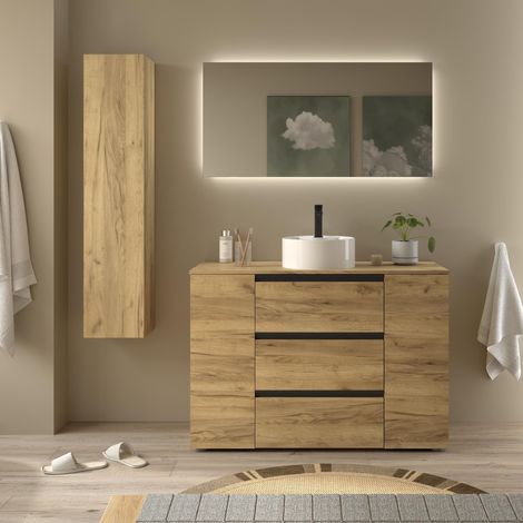 Meuble de salle de bain BEQUIA PLUS 3C 120cm Chêne Vasque à poser Porcelaine Côté réversible 1P (1/5)