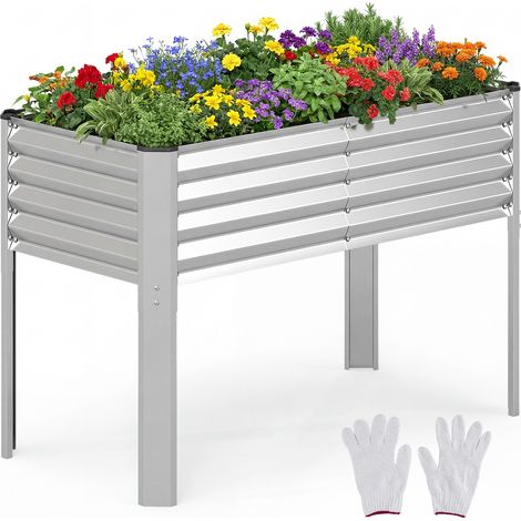 Jardinière Surélevée en Métal, Potager sur Pied avec Trous Drainage, pour Balcon Terrasse Cour, Lit de Jardin Surélevé, 118 x 60 x 78 cm, Argent (1/5)