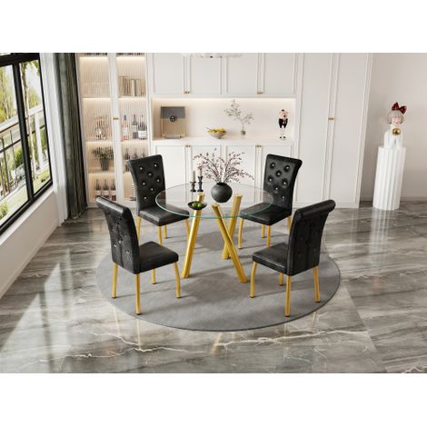 Ensemble de salle à manger 5 pièces pour 4 personnes, table ronde moderne en verre trempé avec pieds en métal doré et 4 chaises noires rembourrées, mobilier pour cuisine et salle à manger