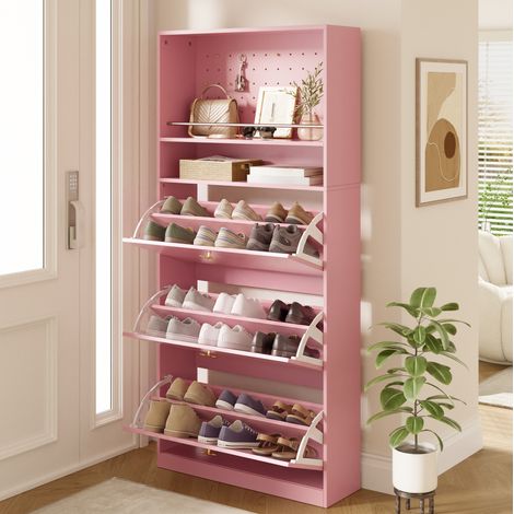 Mueble zapatero estrecho 80x24x178,5 cm con 3 compartimentos abatibles, nicho abierto y almacenamiento, panel de madera - rosa (1/5)