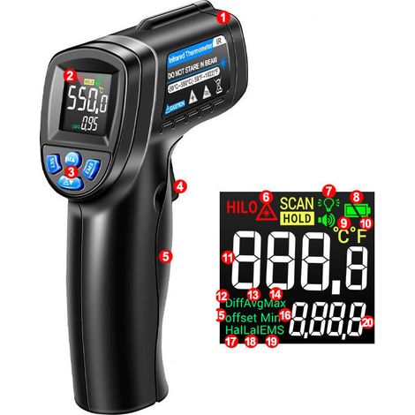 Termometro a infrarossi , -50°C~550°C termometro laser senza contatto con display LCD a colori per cucina/riparazione/pizza/industria (NON per uso umano) (1/5)