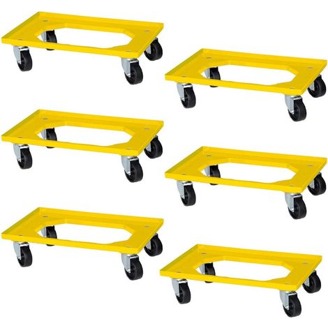 BRB Lot de 6 roulettes de logistique pour réservoir de 600 x 400 mm, roues noires, jaune, charge maximale 250 kg