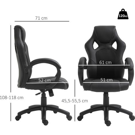 Chaise de bureau/gaming réglable en hauteur avec fonction bascule, pivotante et inclinable, 71 x 61 x 108-118 cm, noire (1/5)