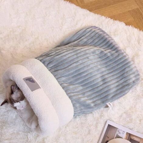 Gemütlicher Katzenschlafsack, warmes Katzenbett, bequemer Haustierschlafsack, blau/graues Haustierbett in Größe M (1/5)