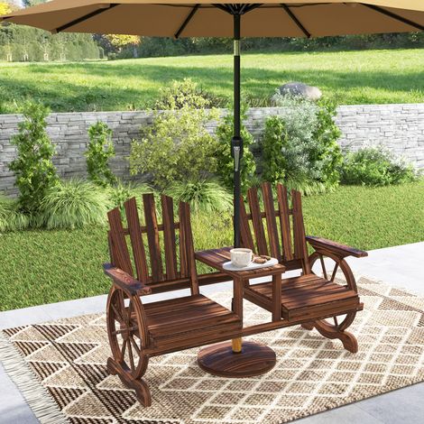 2-Sitzer Gartenbank Holz, wetterfest Sitzbank, mit Schirmloch, Beine im Wagenradform 154 x 65 x 102 cm Verkohlt (1/5)