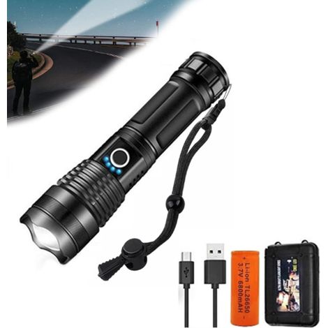 Lampe torche LED 10000 lumens – Rechargeable USB 5000mAh – 5 modes d'éclairage – Étanche IPX4 – Zoomable pour camping et randonnée – Devenirriche