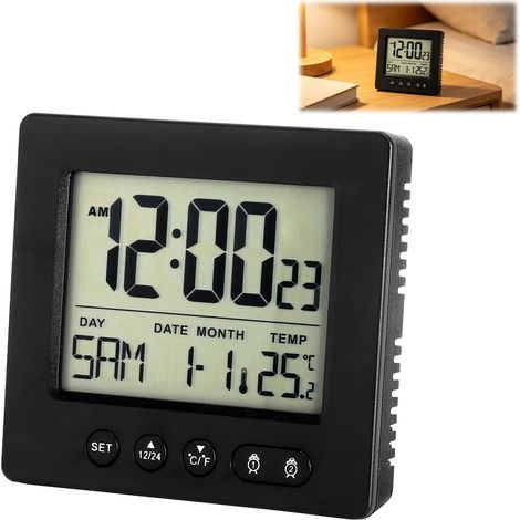 Funkwecker, Digitaluhr, Funkgesteuerter Wecker mit 2 Weckzeiten, Schlummerfunktion, Temperaturanzeige, Kompakte Hintergrundbeleuchtung für Schlafzimmer, Büro, Reisen, Schwarz (1/5)