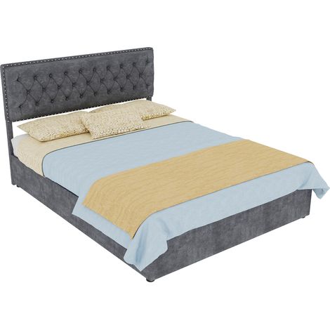 Lit coffre 140x200 cm en velours gris, tête de lit haute rembourrée, structure métal et rangement sous le lit, sommier à lattes, CHICFURN (1/5)