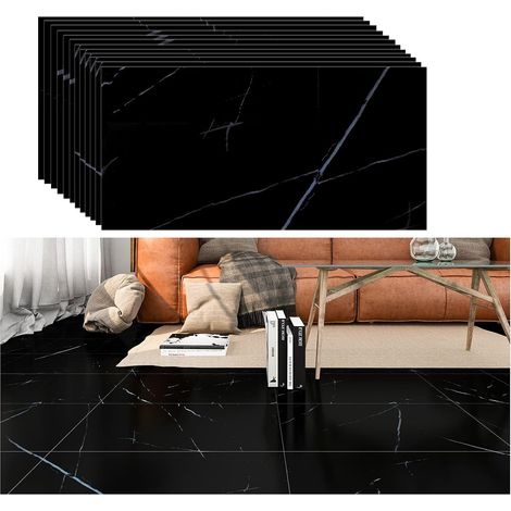 Autocollants Imperméables pour Carreaux de Sol de Salle de Bain Auto-adhésif Autocollant de Cuisine en Vinyle Noir Carreaux de sol Anti-huile Peler et Coller 12 Pièces 60cm x 30cm (1/5)