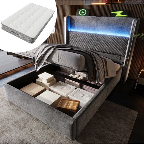 Polsterbett 90x200 cm, mit Matratze, LED-Beleuchtung, Stauraum, USB und Typ C Anschluss, Leinen, Grau (1/5)