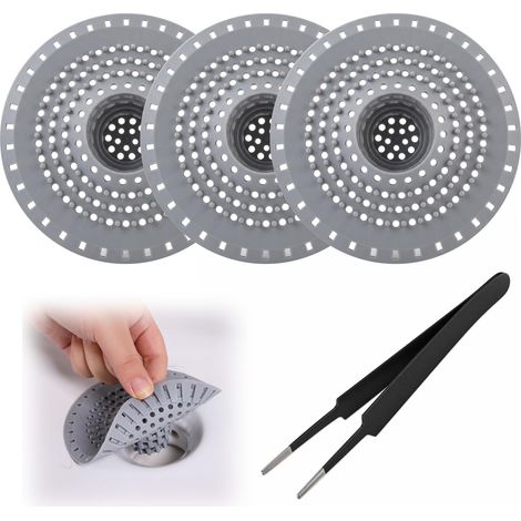 3 Pièces Filtre Cheveux Douche, Grille Baignoire Anti Bouchon, Attrape Evier Pince INOX, Gris 12.5x12.5x3.5cm Silicone Protecteur (1/5)