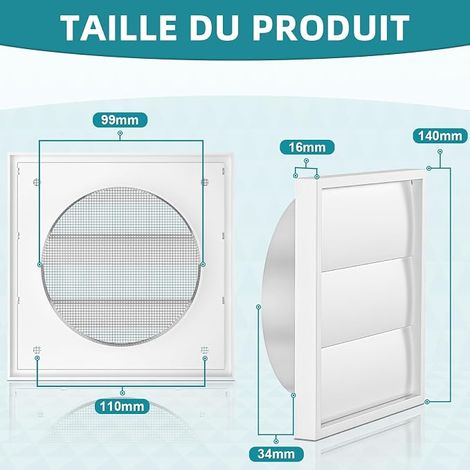 Grille de Ventilation à Lamelles 100 mm Blanc, 140 mm x 140 mm avec Moustiquaire, HVAC, Hotte, Couverture Extérieure, Sèche-Linge, Ventilateur d'Extraction, Salle de Bain, Garage Fentes d'aération ve (1/4)