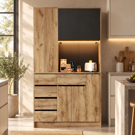Colonne de cuisine 105 x 40 x 185 cm avec range-épices coulissant 4 niveaux, LED télécommandée, 2 prises, USB et USB-C, MDF noir et bois (1/5)