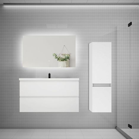 Ensemble meuble de salle de bain et lavabo blanc (L.100cm) 2 tiroirs + meuble haut + lavabo + miroir LED (1/5)