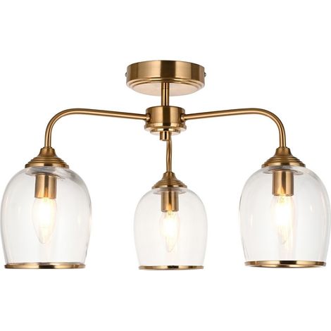 Endon Ashcroft Plafonnier semi-encastré à bras multiples, plaque en laiton vieilli brossé et verre transparent, 3 ampoules E14 (1/5)