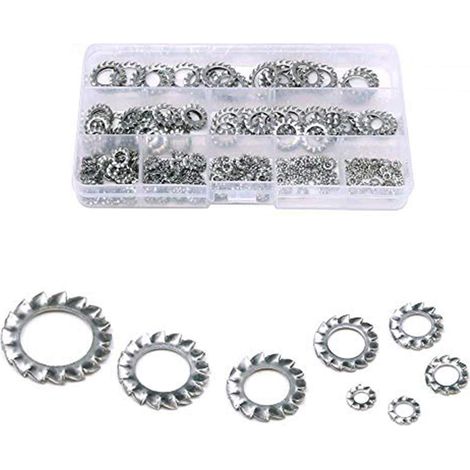 300 Pièces 304 Dents en Acier Inoxydable Externe étoile Rondelles de Blocage Assortiment Kit Inclus: M2.5 M3 M4 M5 M6 M8 M10 M12