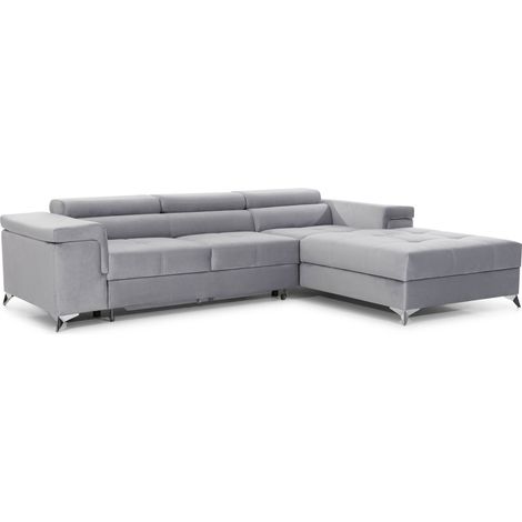 Canapé d'angle convertible velours appuis-tête réglables RIKARO - Coffre et pieds acier chromé-Gris clair-angle droit (1/5)