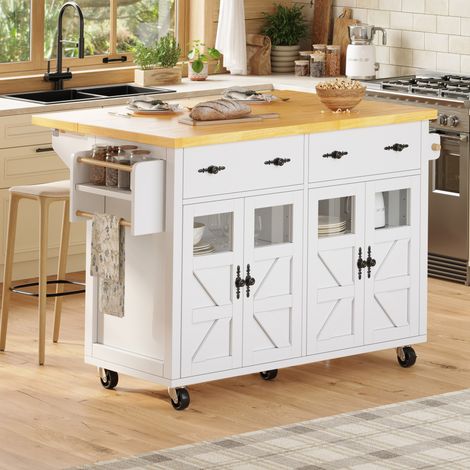 Mueble de cocina móvil con ruedas, 140 x 73 x 93,5 cm, blanco DESVIAE (1/5)