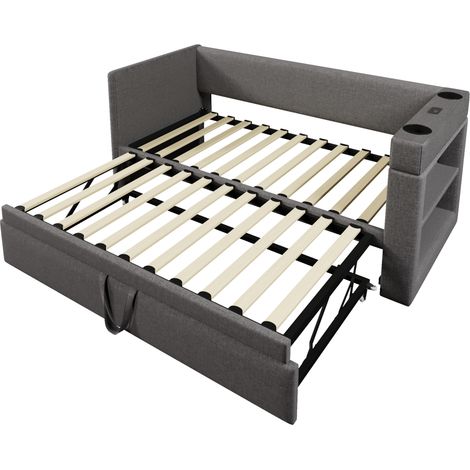 Cama de día acolchada 90x190 cm con cama nido, gris, tejido lino-algodón, sin colchón (1/5)