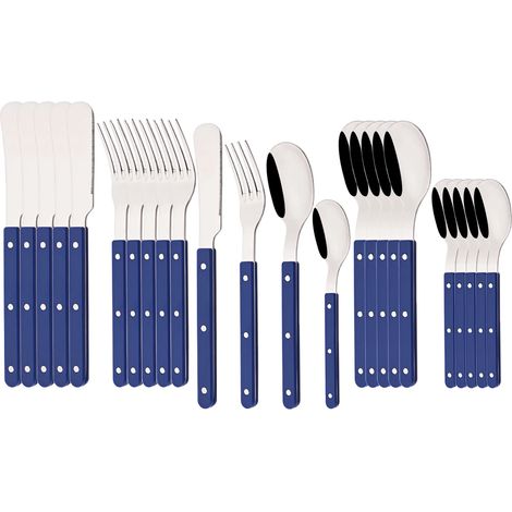 (Bleu, ensemble de 24 pièces) Manche en acrylique, couverts en acier inoxydable, comprenant un couteau, une fourchette et une cuillère.