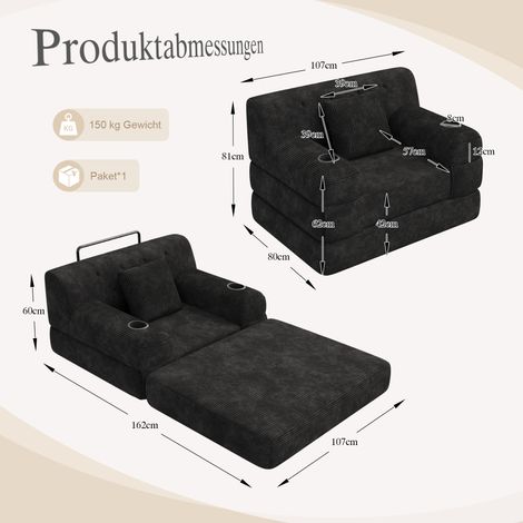 Sofá cama individual, de pana comprimida con respaldo alto, estructura metálica, espuma de alta densidad, 2 portavasos y 4 bolsillos laterales, ideal para salones y espacios pequeños, color negro. (1/5)