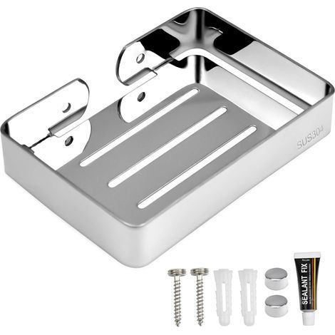 Seifenschale ohne Bohren, einfach zu montierender Seifenhalter aus Edelstahl 304, selbstklebender Küchenschwammhalter, Duschablage für Bad und Küche (Silber) (1/5)