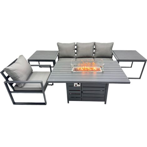 Fimous 4 Seat Outdoor Garden Furniture Set Aluminium Lounge 3 Seat Sofa Gas Fire Pit Table Sets with Chair 2 Side Tables Dark Grey (1/4)