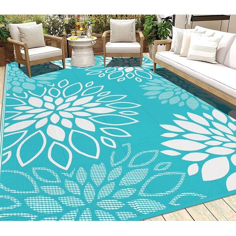 Tapis Exterieur Resistant Pluie Réversible, Tapis Exterieur Terrasse Camping Plastique Léger, Résistant Aux UV Moquette Exterieur pour Balcon Jardin, Fleurs Vert Turquoise, 180 X 270 cm (1/5)
