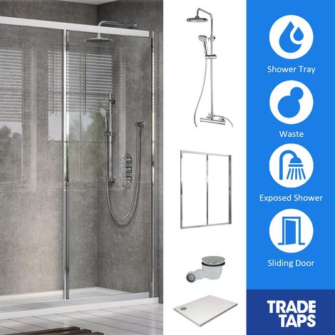 Bleu Sliding Chrome Door, Tray, Waste & Trisen Square Shower Set 1000 x 800mm (1/5)