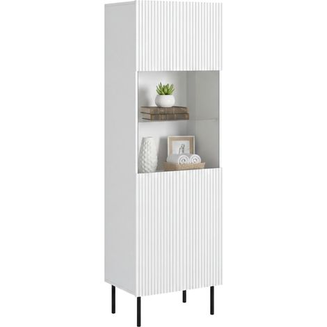 Vitrina Luzzana, vitrina de salón con puerta de cristal y detalle, elevada del suelo, 60 x 42 x 183 cm, color blanco