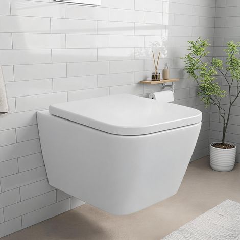 WC suspendu peinture murale en céramique blanc 52 cm (forme E) – Rimless sans bride – Chasse 360° silencieuse – Abattant UF amovible soft-close – 8012 opposed flush + couvercle UF carré, blanc (1/5)