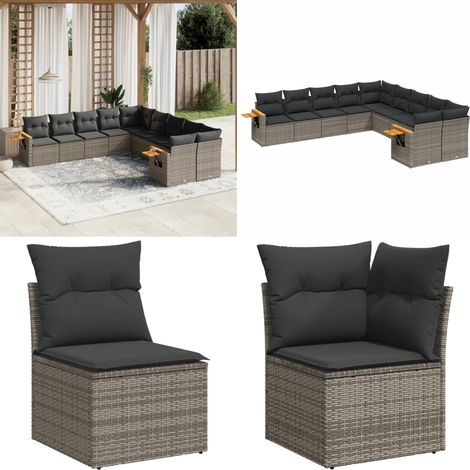 10-tlg. Garten-Sofagarnitur mit Kissen Grau Poly Rattan - Gartensofas - Outdoor Möbel - Gartenmöbelset - Rattan Gartenmöbel - Lounge Set - Home & Living (1/5)
