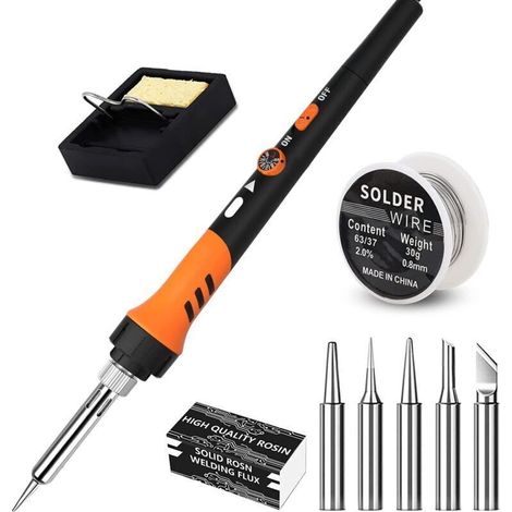 ALLIANDISKit de fer à souder, pistolet à souder 60 W, outil de kit de fer à souder 9 en 1, température réglable de 200 à 450 ℃, avec 5 pointes de fer à souder, support de fer à souder pour souder et r (1/5)