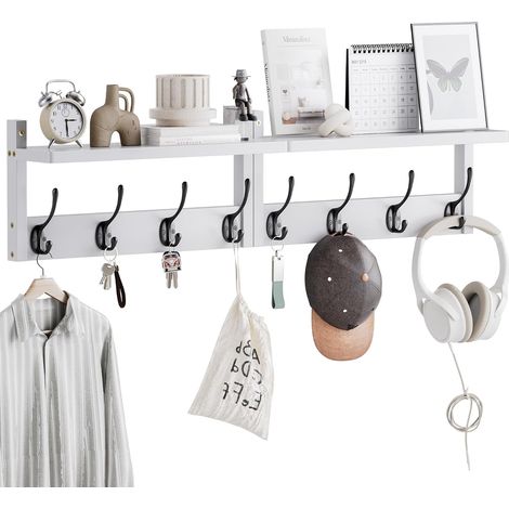 Porte Manteau Mural 80 cm, Étagère d'entrée en bambou, lot de 2, guide avec crochet mural pour meubles d'entrée, pour ranger vêtements, chapeaux, clés(Blanc+Noir) (1/5)