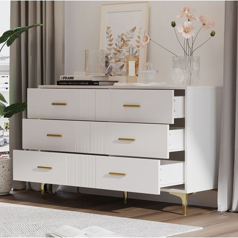 Cómoda blanca de 6 cajones, patas y manijas de metal dorado, 76x120x40 cm, para salón y dormitorio (1/5)