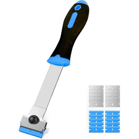 Grattoir à long manche avec 10 lames en plastique et 10 lames en métal, bleu (1/5)