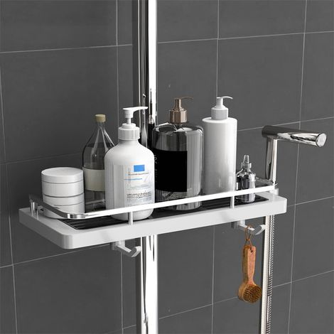 Étagère de Salle de Bain sans Perçage avec 2 Crochets, Support pour Barre de Douche 18-25 mm, Plastique, 1 Pièce, Blanc (1/5)