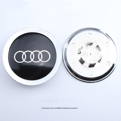 Cache-moyeu de roue compatible Audi A6 C5, A4 B7, TT, A8 – Centre de jante, capuchon de moyeu pour jante voiture, accessoire roue auto en aluminium + ABS, kit 4 pièces – Noir bord argenté avec encoche (1/2)