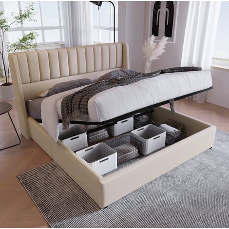Cama doble 160x200 cm de lino beige con almacenaje, sin colchón, para dormitorio – MEUBLIV (1/5)