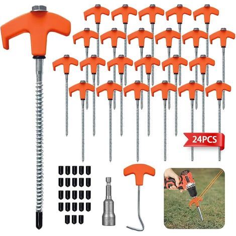Lot de 24 Piquet De Tente a Visser,Piquets De Tente en Acier avec Filetage Et Support De Corde,Ancrages Au Sol à Visser Accessoires pour Tente,Piquet Auvent pour Le Camping pour Sol Dur et Bois (1/5)